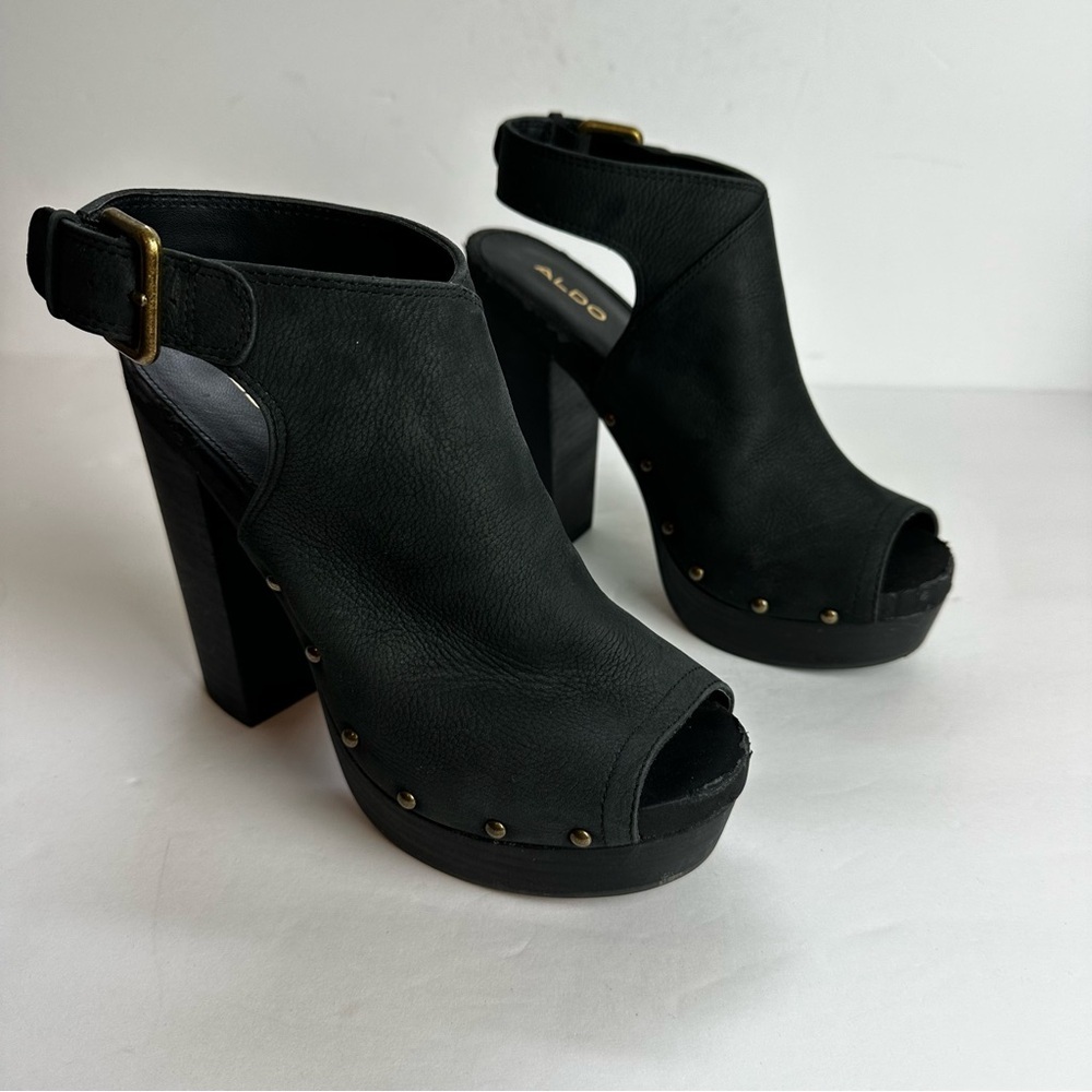 Aldo Black Peep-Toe Platform Heels with Gold Buckle
